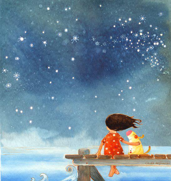 Ilustrazione di Claudia Degliuomini (una bambina e il suo cane ammirando il cielo notturno).