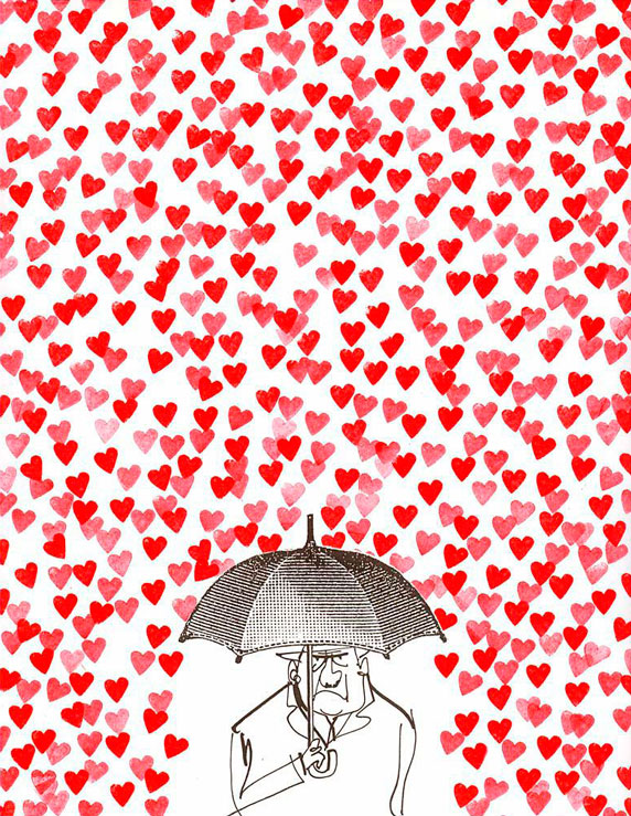 Una pioggia di cuori cade su un uomo con l'ombrello
